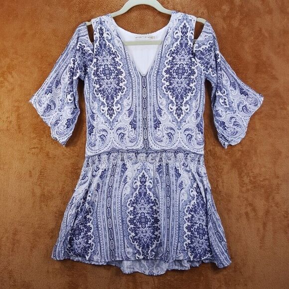ALICE OLIVIA Womens Dress Size 0 Blue Pullover Mini Cold Shoulder Palace Paisley - Picture 2 of 9